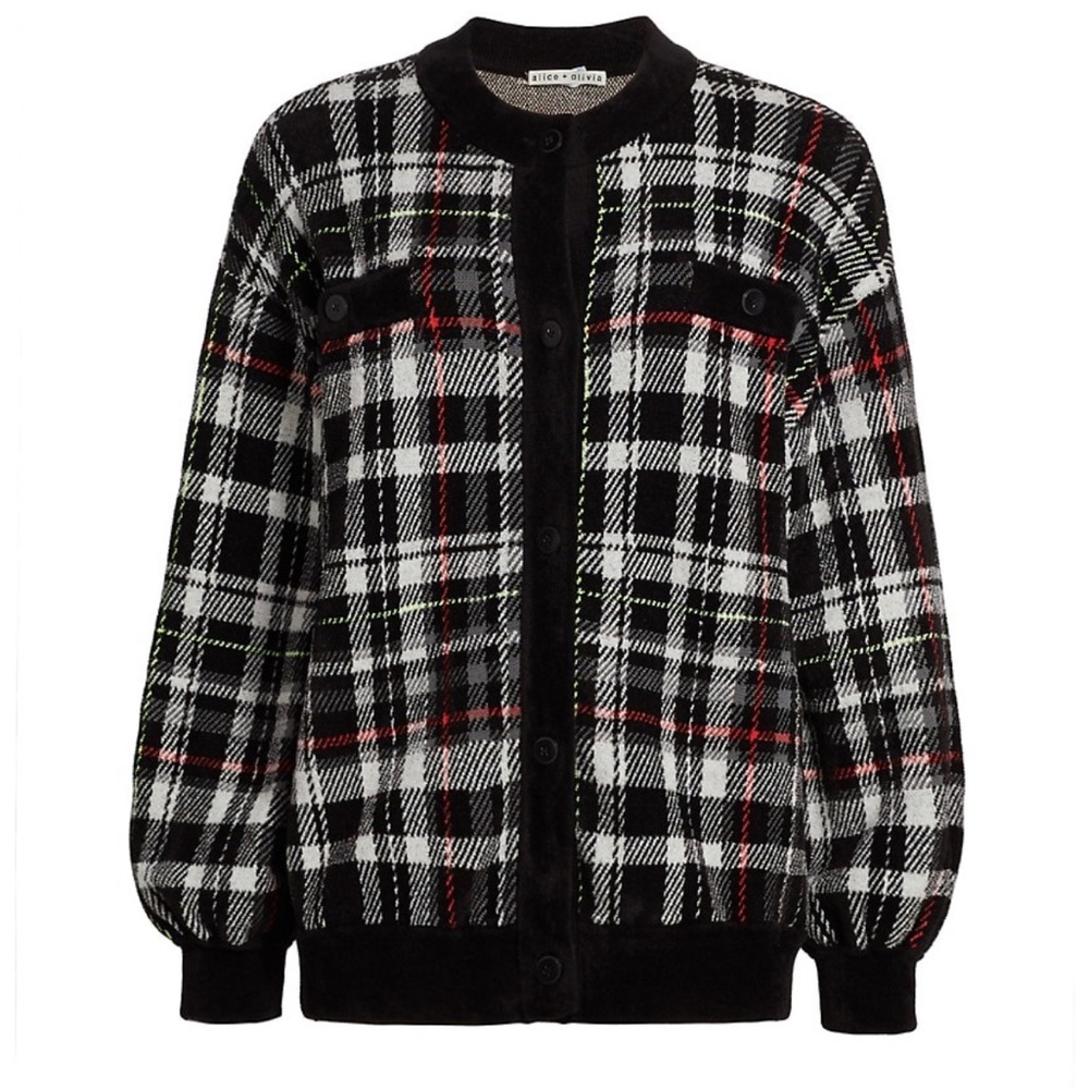 Alice + Olivia Verena Plaid Cardigan Freedom Plaid Black